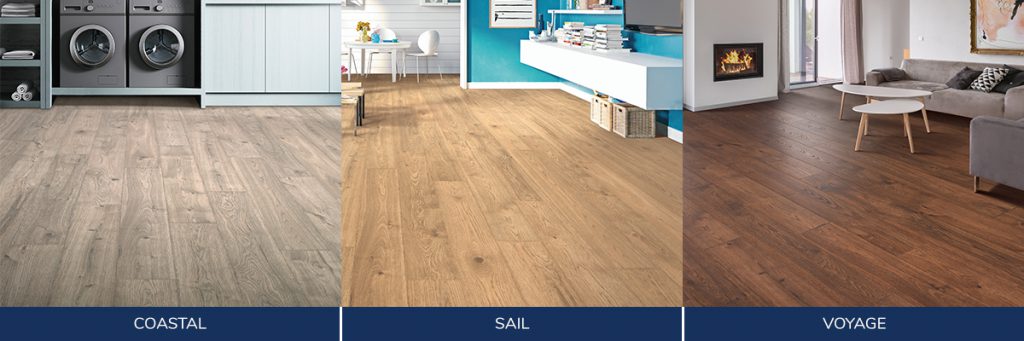 waterproof laminate room scenes in greige, light brown, and dark brown shades